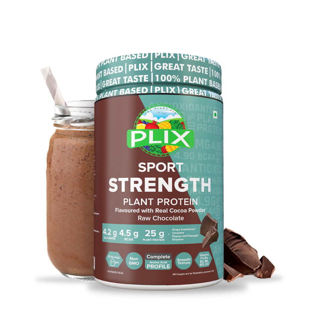 PLIX THE PLANT FIX Strength Vegan Post Workout Plant Protein Powder 500 G (Chocolate), Antioxidants, Digestive Enzymes, 25 g Plant Protein | No Added Sugar | Gluten free | No added Preservatives