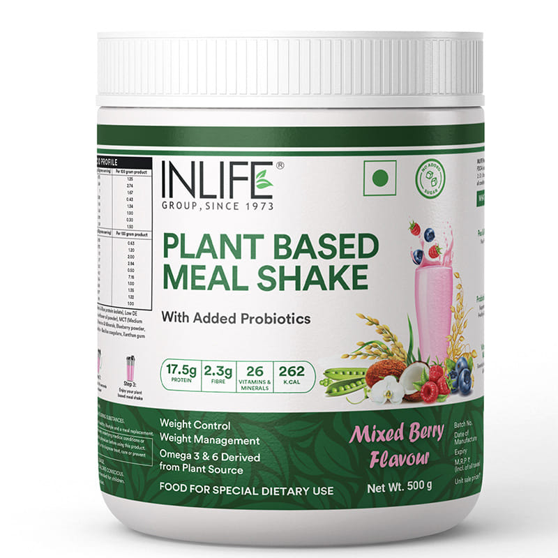 INLIFE Plant Based Meal Replacement Shake | Plant Protein Powder (17.5 Protein) Sugar Free, Lactose Free | Added Probiotics, 500g (Mixed Berry)