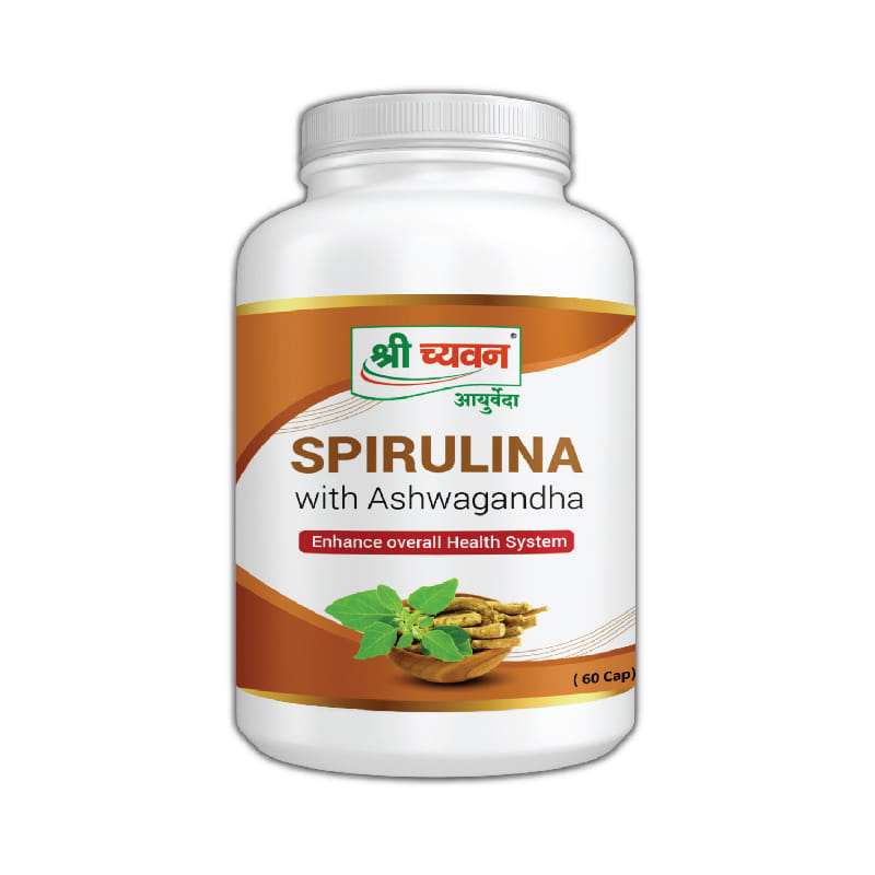 Shri Chyawan Spirulina with Ashwagandha Capsules - Helps Releive Stress, Anxiety, Regulates Sleep Cycle, Controls Cholesterol, etc. - 60 Tablets  Shri Chyawan Spirulina with Ashwagandha Capsules - Helps Releive Stress, Anxiety, Regulates Sleep Cycle, Con