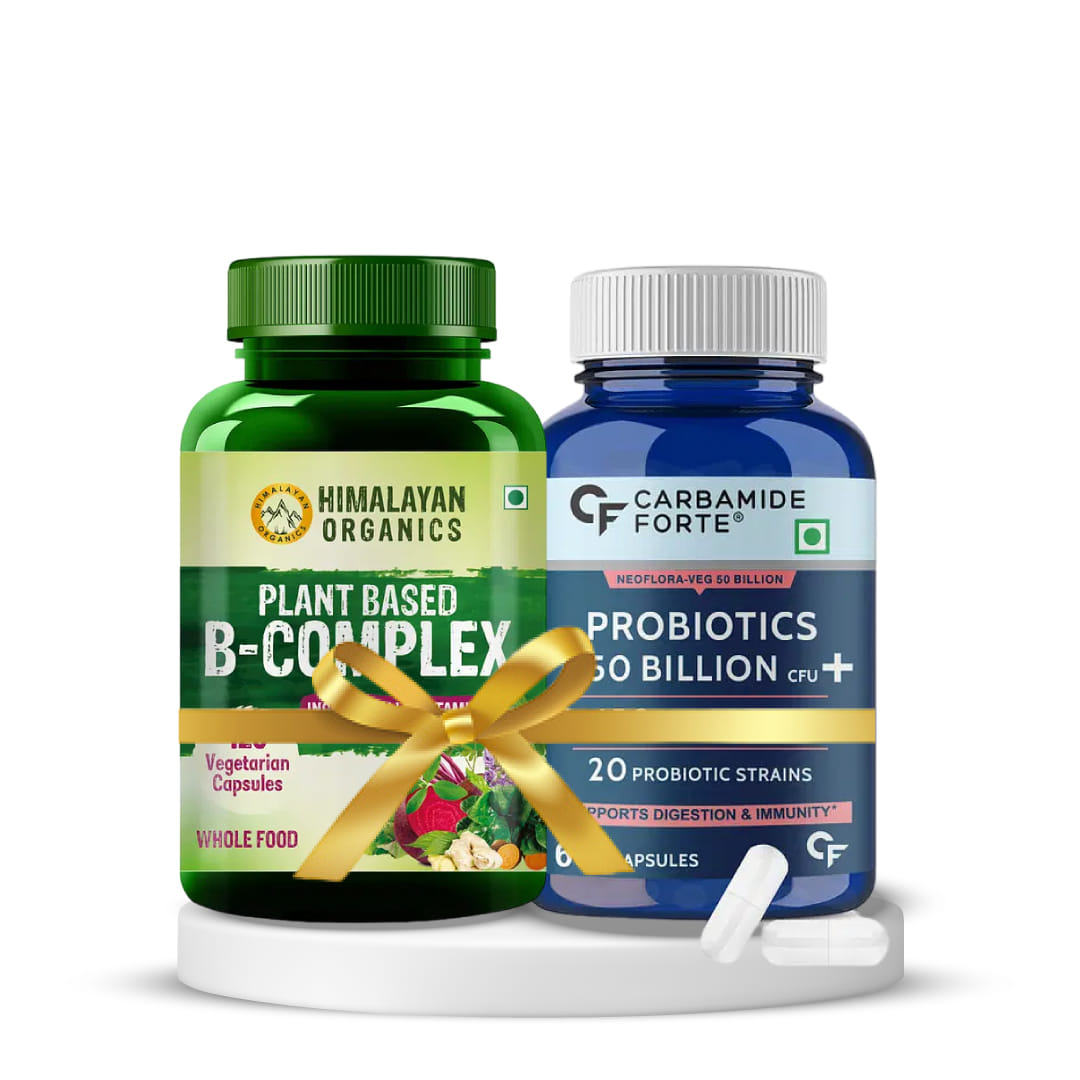 Gut Health and Daily Wellness | Himalayan Organics Plant Based B Complex Vitamins 120 Veg Capsules + Carbamide Forte Probiotics Supplement 50 Billion 60 Veg Capsules