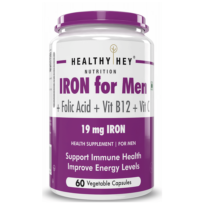 HealthyHey Iron Supplement for Men 100% Chelated With Vitamin B12, Folic Acid & Vitamin C for High Absorption (60 Veg Capsules)