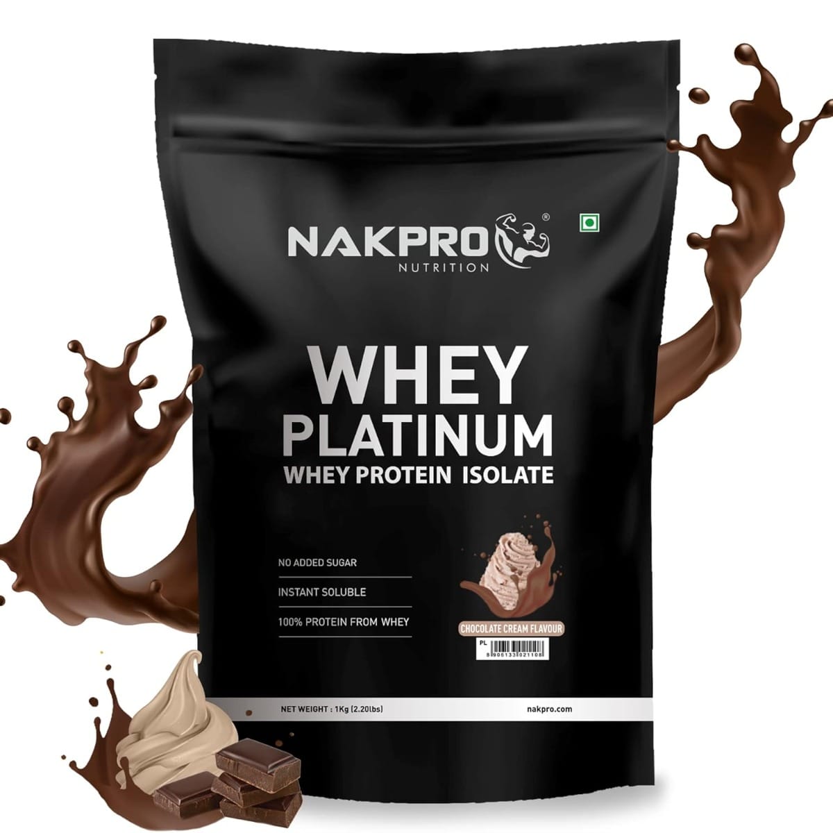 NAKPRO Platinum Whey Protein Isolate 1kg Chocolate Cream | 28g Protein, 6.4g BCAA | Trustified Certified 100% Authentic Supplement Powder & No Adulteration | Low Carbs, Fast Absorbing Whey Protein Powder NAKPRO Platinum Whey Protein Isolate 1kg Choco