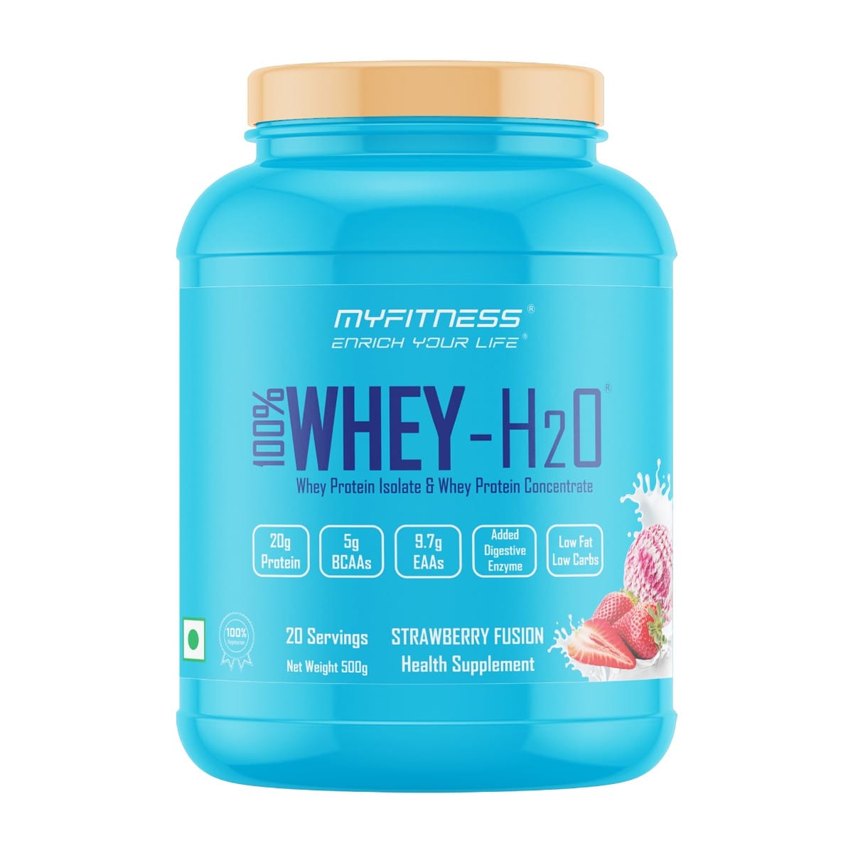 MYFITNESS ® 100% WHEY-H2O 20 Servings |Whey Protein Powder| Whey Protein Isolate First Source Whey Protein Concentrate Second Source|80% Protein Per Serving| 5g BCAA| 9.7g EAA| Added Digestive Enzyme|Low Fat Low Carbs|Strawberry Fusion|500gms