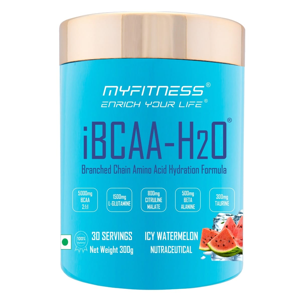 MYFITNESS iBCAA-H2O BCAA 30 Servings|5000mg BCAA 2:1:1| 1500mg L-Glutamine|800mg Citruline Malate| 500mg Beta Alanine|300mg Taurine| 850mg Electrolyte Blend | Icy Watermelon| 300gms