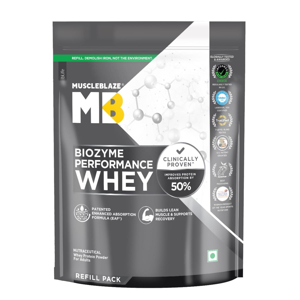 MuscleBlaze Biozyme Performance Raw Whey Protein | Clinically Tested 50% Higher Protein Absorption | Informed Choice UK, Labdoor USA Certified & US Patent Filed EAF® (Unflavoured, 1 kg / 2.2 lb)
