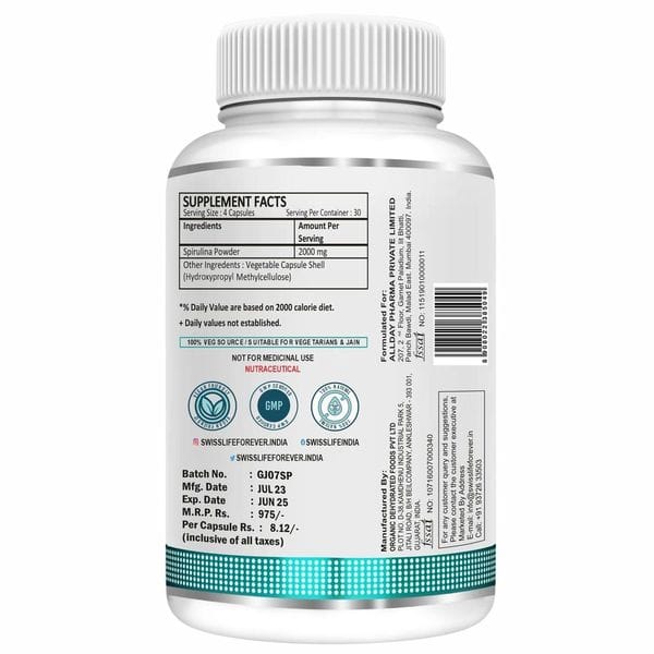 SwissLife Forever Spirulina 2000mg |Superfood | For Weight Management, Immune Support and Optimal Health | Supports Heart Health- 120 Veg Capsules SwissLife Forever Spirulina 2000mg |Superfood | For Weight Management, Immune Support and Optimal Health |