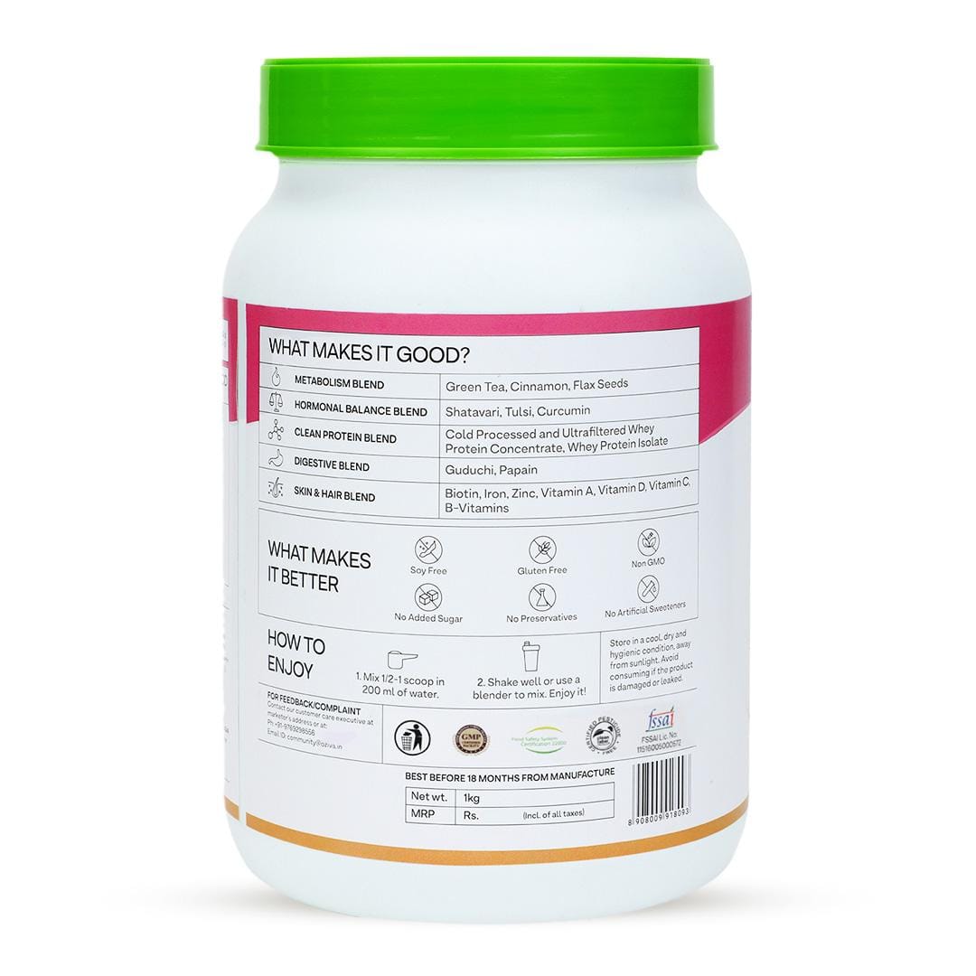 OZiva Protein & Herbs for Women, Vanilla Almond OZiva Protein & Herbs for Women, Vanilla Almond 1kg | Natural Protein Powder for Women for Weight Control, Better Metabolism & Hormonal Balance | With Multivitamin for women, 23g Whey Protein, Ayurvedic Her