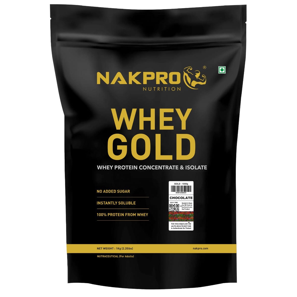 NAKPRO Gold Whey Protein Concentrate and Isolate 1kg Chocolate | 25.5g Protein, Trustified Certified Supplement Powder | Fast Absorbing Whey Protein Powder