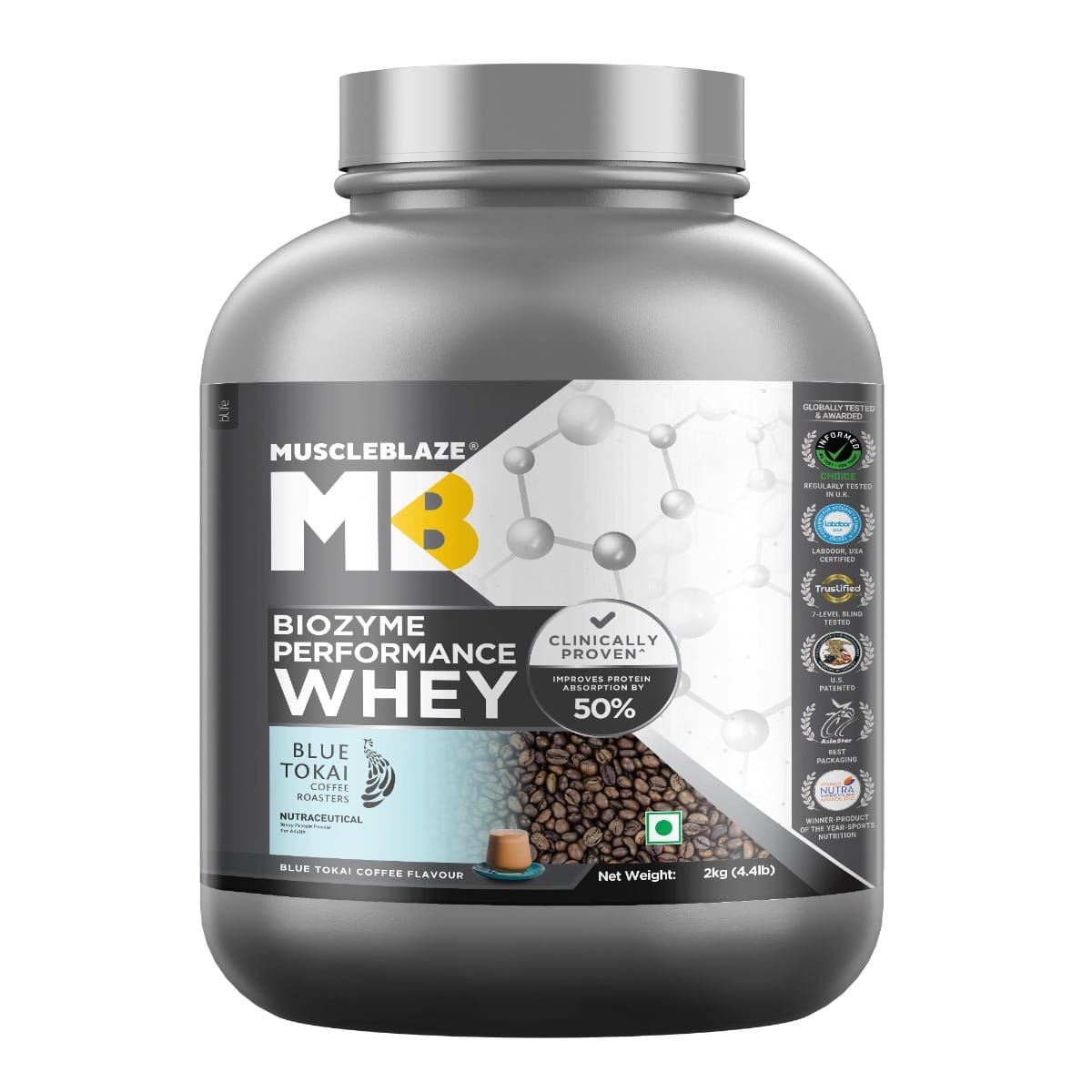 MuscleBlaze Biozyme Performance Whey Protein, (Informed Choice UK, Labdoor USA Certified) with Patent Filed EAF (Blue Tokai Coffee, 2 kg / 4.4 lb)