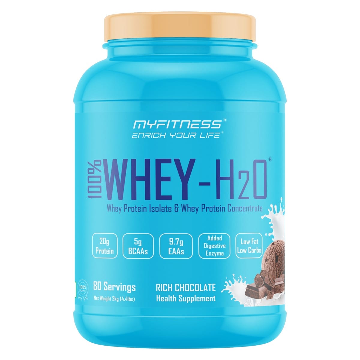 MYFITNESS 100% WHEY-H2O 80 Servings | Whey Protein Powder | Whey Protein Isolate First Source Whey Protein Concentrate Second Source | 80% Protein Per Serving | 5g BCAA | 9.7g EAA | Added Digestive Enzyme | Low Fat Low Carbs | Rich Chocolate | 2000gms