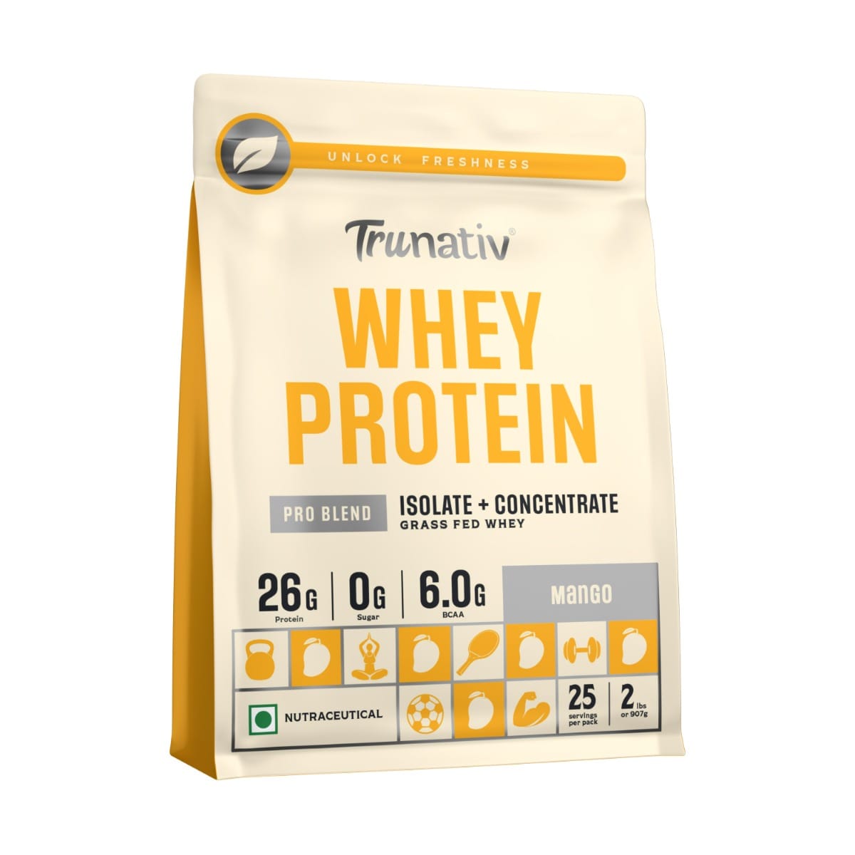 Trunativ Whey protein powder | Blend with Isolate and Concentrate | 26g Protein | 6g BCAA | No added Sugar | Faster Muscle Recovery & Improved Strength | Mango (907g / 2lbs)