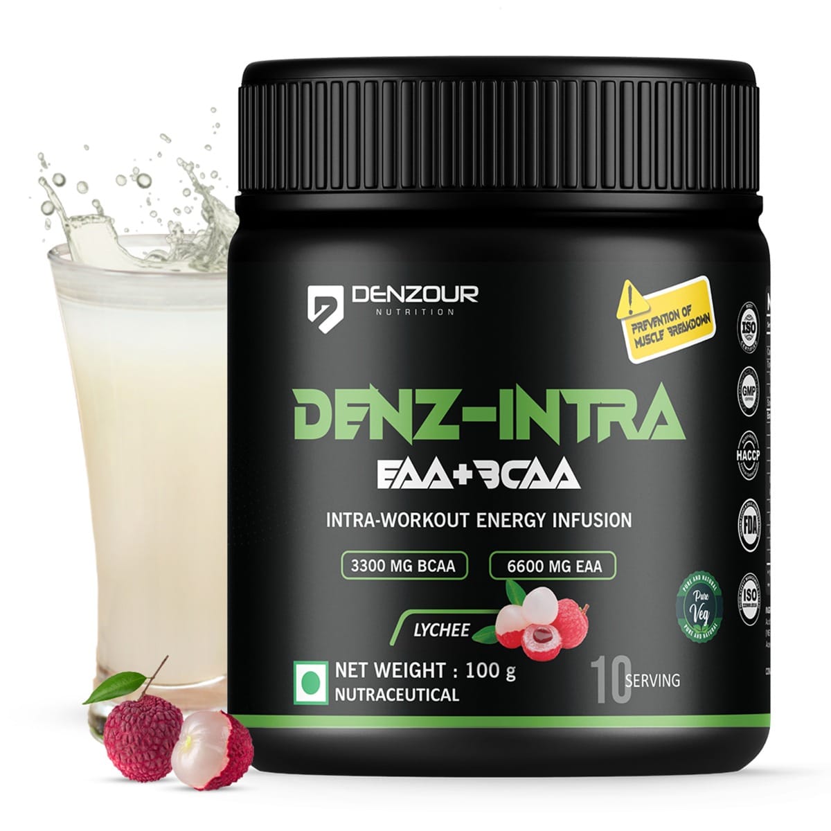 DENZOUR NUTRITION Denz - Intra Workout Powder, Most Explosive Muscle Pump, Energy Infusion Formula with 3300mg BCAA, 6600mg EAA for Men and Women - Lychee, 100g (10 Servings)
