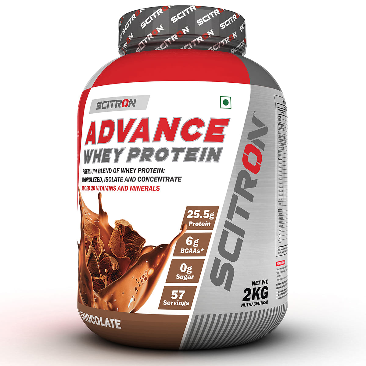 Scitron Advance Whey 2KG- Milk Chocolate (57 Servings | 25.5G Protein | 5g BCAA | 0g Sugar| 20 Vitamins and Minerals | Labdoor Tested | Certified by Eurofins Lab and Informed Choice USA | Muscle Building & Recovery Protein Powder)
