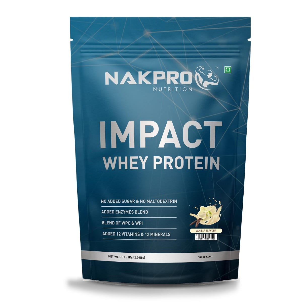NAKPRO Impact Whey Protein 1kg | Isolate & Concentrate | 24g Protein & 4.9g BCAA | With Digestive Enzymes for better Absorption | NABL Lab Tested 100% Authentic Supplement Powder Vanilla Flavour