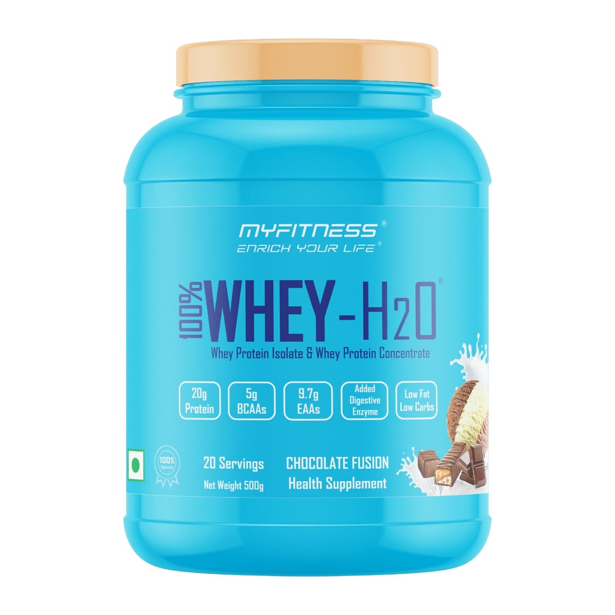 MYFITNESS ® 100% WHEY-H2O 20 Servings |Whey Protein Powder| Whey Protein Isolate First Source Whey Protein Concentrate Second Source|80% Protein Per Serving| 5g BCAA| 9.7g EAA| Added Digestive Enzyme|Low Fat Low Carbs|Chocolate Fusion|500gms