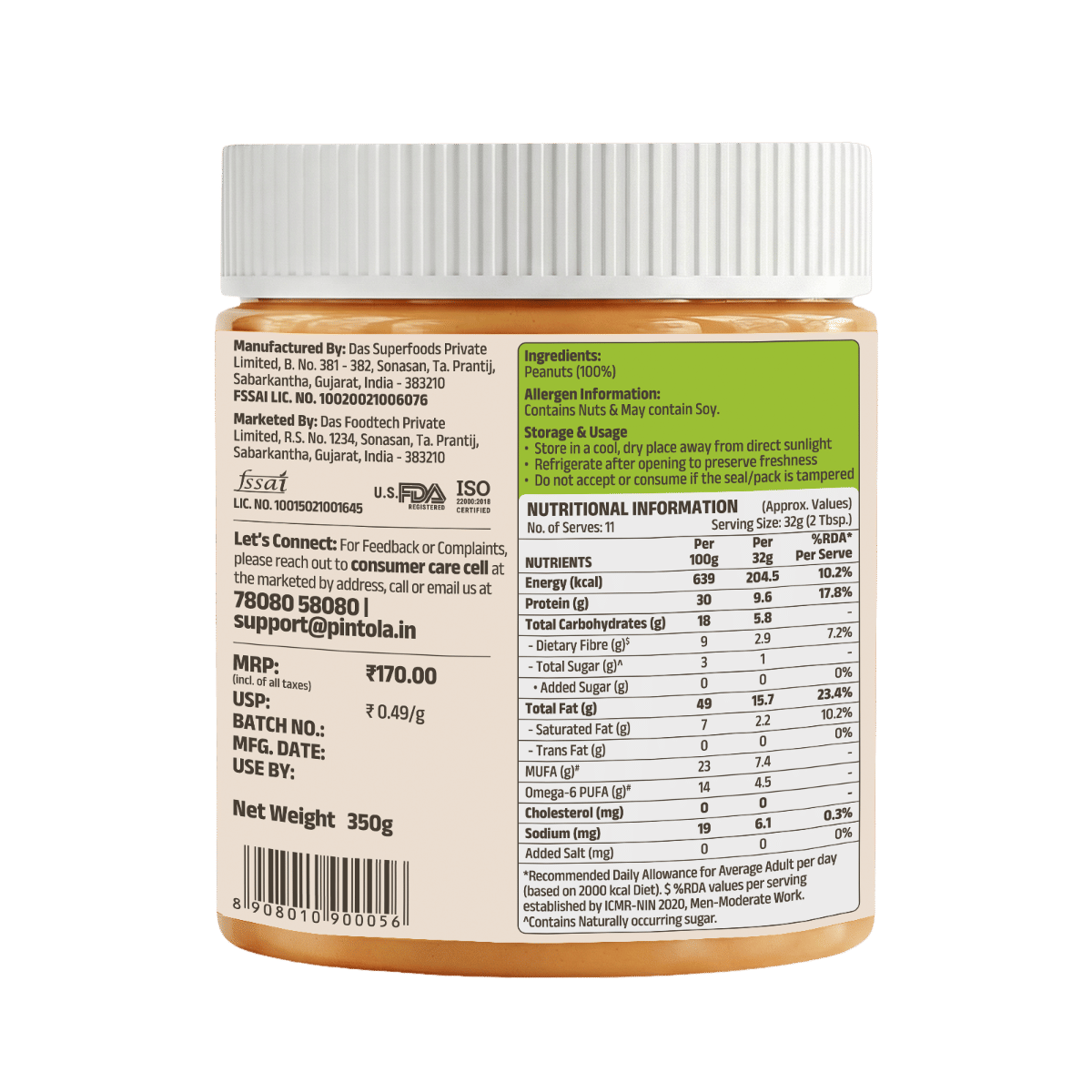 Pintola All Natural Peanut Butter | Rich in Fiber, 30g Protein | Non GMO, Naturally Gluten Free, Cholesterol Free | Unsweetened, Crunchy Pintola All Natural Peanut Butter | Rich in Fiber, 30g Protein | Non GMO, Naturally Gluten Free, Cholesterol Free | U
