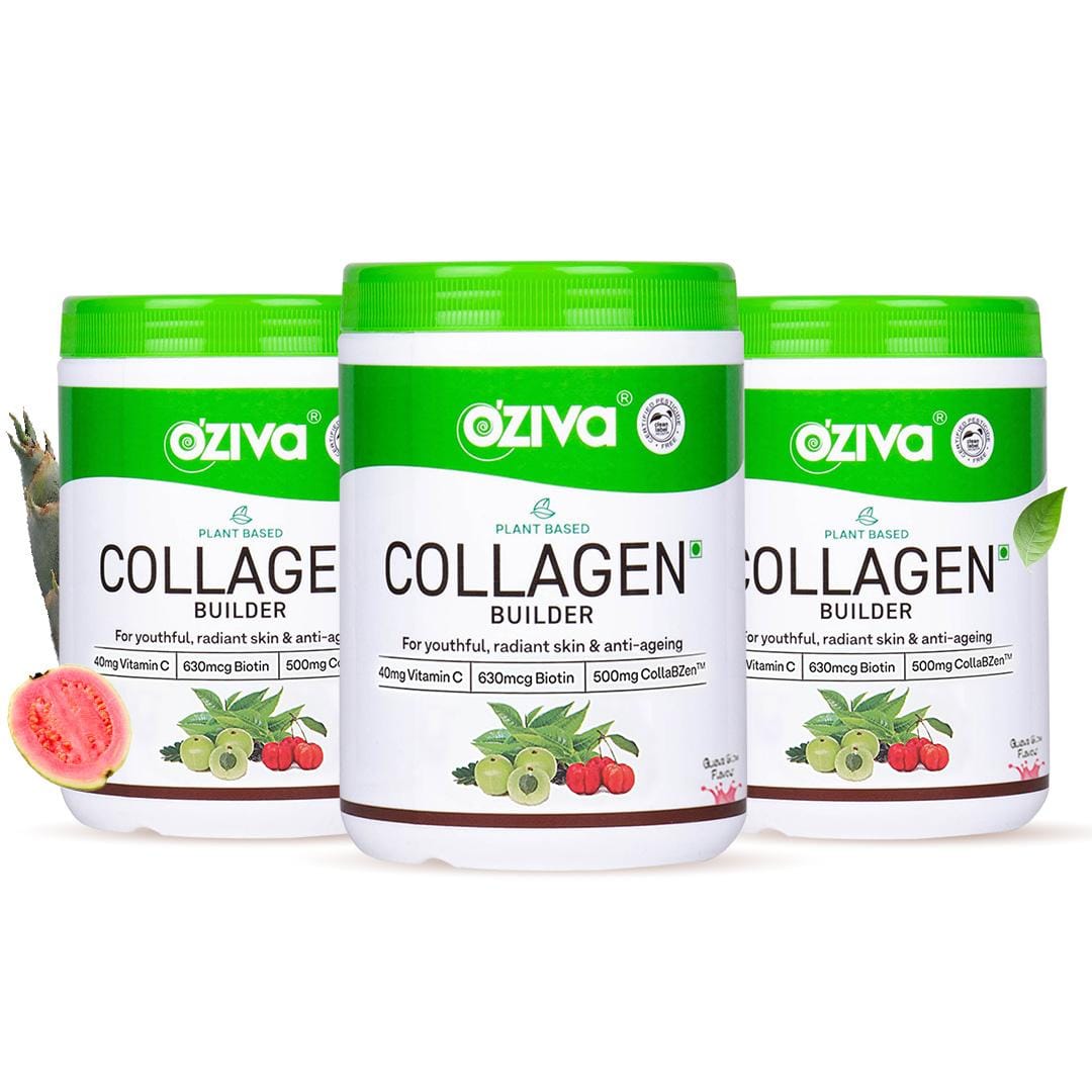 OZiva Collagen Builder for Brighter & Youthful Skin | Plant-Based Collagen Supplement with Biotin & Vitamin C | Collagen Type II Synthesis |Certified Vegan (Results Pack (Pack of 3), Guava Glow)