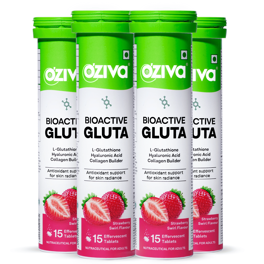 OZiva Bioactive Gluta Fizzy ( L-Glutathione, Hyaluronic Acid, Asthaxanthin, Lycopene & Collagen Builder) to Reduce Cellular Damage Strawberry swirl, Pack of 4 (60 Tablets)