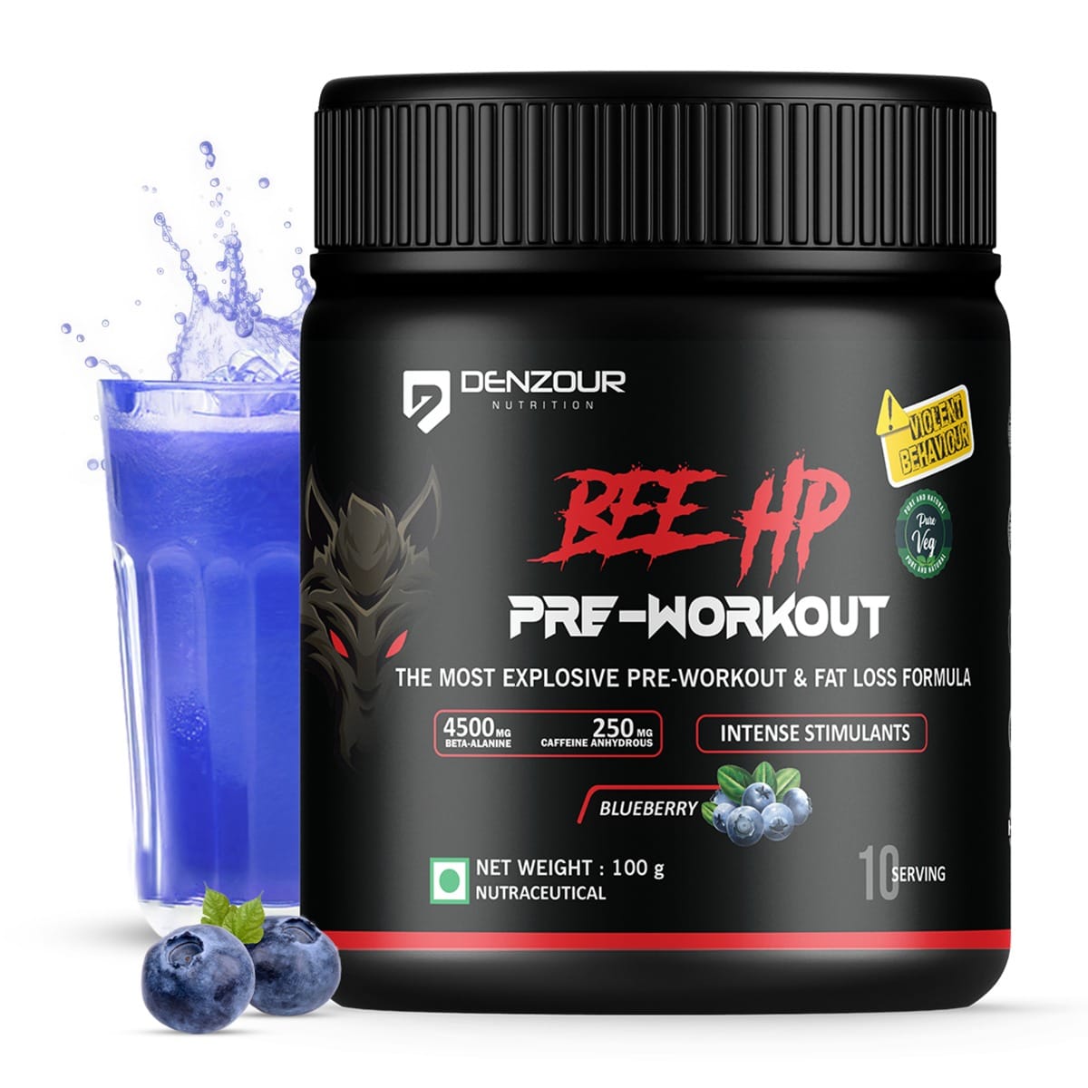 Denzour Nutrition BEE-HP Pre Workout with 750mg Creatine Monohydrate & 4500mg Beta-Alanine, Intense Energy with Fat Loss Formula, 100g Blueberry
