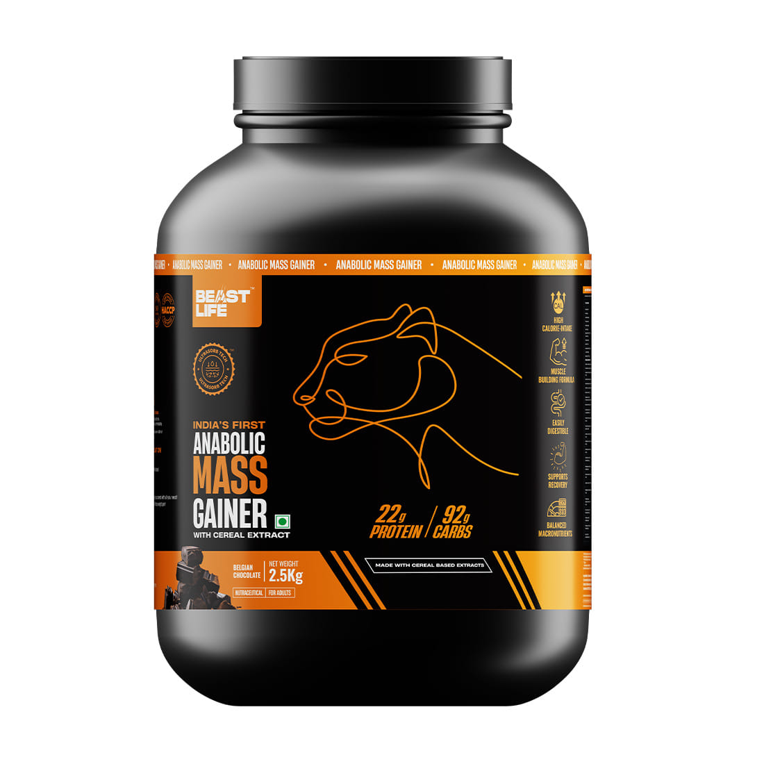 BeastLife High Protein Mass/Weight Gainer | 2.5 KG | Belgian Chocolate | NABL LAB Tested | For Muscle Gain & Fast Growth | Cereal-Based Formula, No Maltodextrin | India's #1 Cereal Based Bulk Gainer