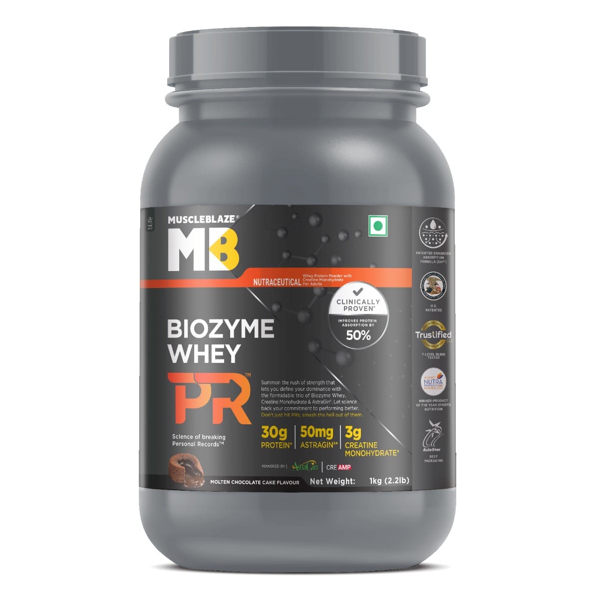 MuscleBlaze Biozyme Whey Protein PR with 30g Protein, 3g Creatine Monohydrate & 50mg AstraGin® (Molten Chocolate Cake, 1kg / 2.2lbs) | Trustified Gold Certified