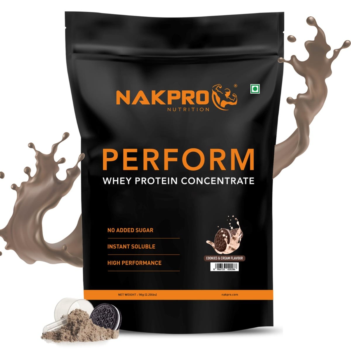 NAKPRO Perform Whey Protein Concentrate 1kg Cookies & Cream | 24g Protein, 5.3g BCAA | Trustified Certified 100% Authentic Supplement Powder & No Adulteration | Fast Absorbing Whey Protein Powder NAKPRO Perform Whey Protein Concentrate 1kg Cookie