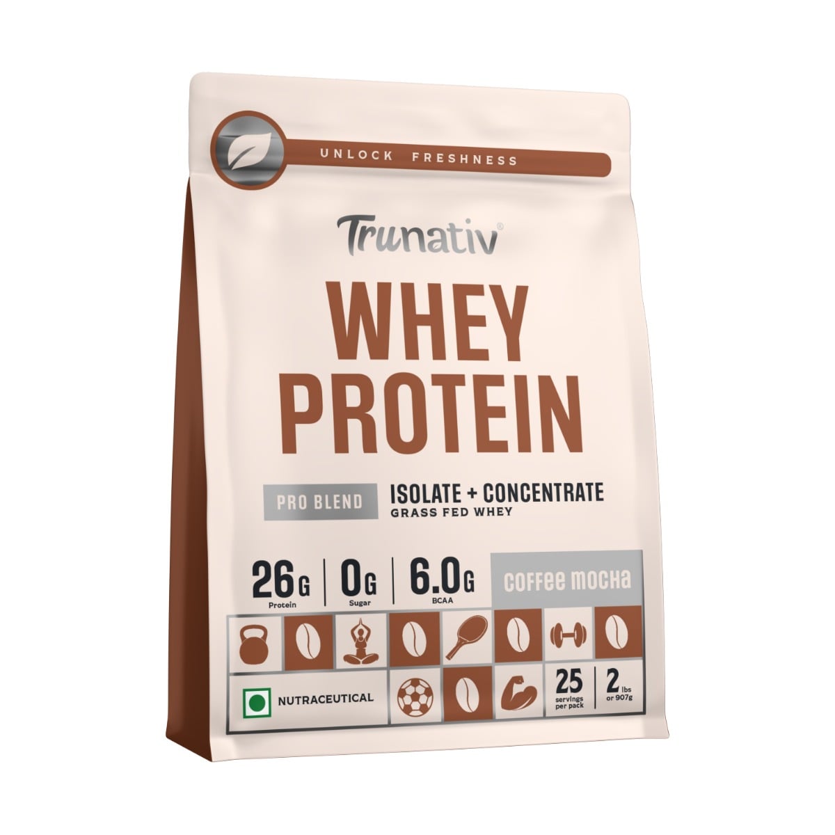 Trunativ Whey protein powder | Blend with Isolate and Concentrate | 26g Protein | 6g BCAA | No added Sugar | Faster Muscle Recovery & Improved Strength | Coffee Mocha (907g / 2lbs)