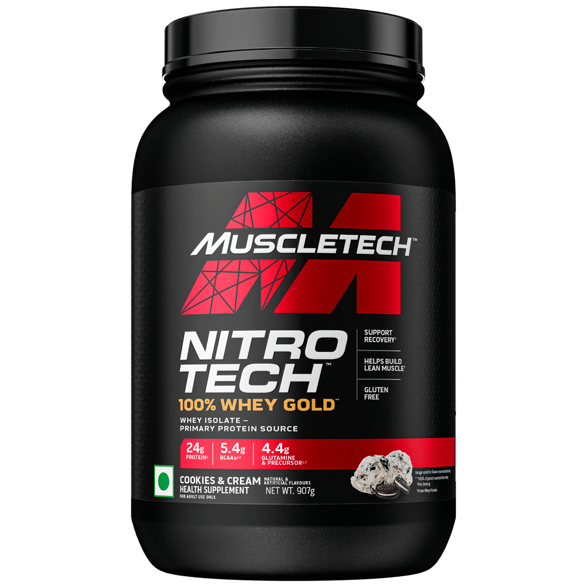 Muscletech Nitrotech 100% Whey Gold Cookies and Cream MuscleTech Nitro-Tech 100% Whey Gold 1lbs, 450g (Cookies & Cream), For Enhanced Lean Muscle, Strength & Recovery, Vegetarian - Primary Source Whey Isolate