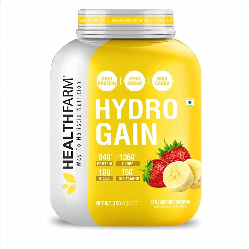 Healthfarm Hydro Gain Mass Gainer Protein Powder | Protein Powder for Muscle Gain | Whey Protein + Muscle Builder | Weight Gainer Protein Powder | Creatine Supplements - 3KG (6.6lbs) Healthfarm Hydro Gain Mass Gainer Protein Powder 3kg | 24 Serving | 85g