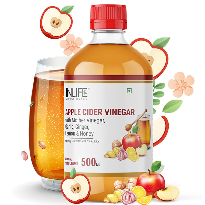INLIFE Apple Cider Vinegar with Garlic Ginger Lemon Honey & Mother of Vinegar Raw Unfiltered Unpasteurized Health Supplement for Skin, Hair & Weight Management 500 ml