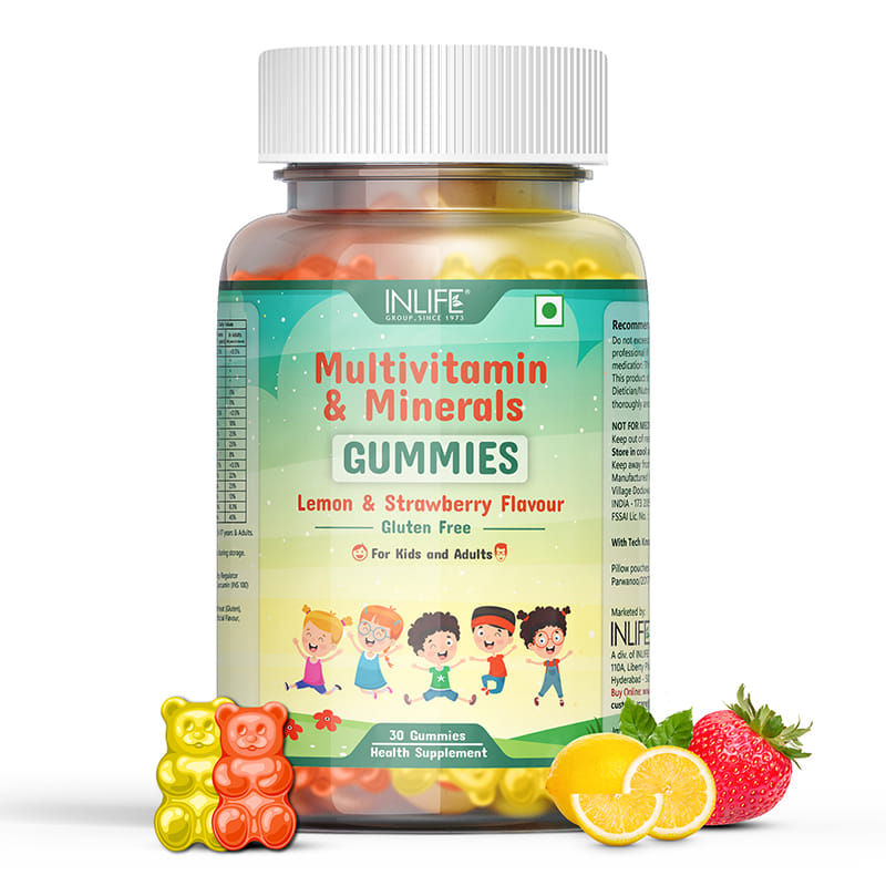 INLIFE Multivitamin Gummies for Kids Teens Men & Women, Daily Gummy Bear Essential Vitamins & Minerals for Healthy Growth, Development, and Immunity 30 Lemon & Strawberry Flavour Gummies