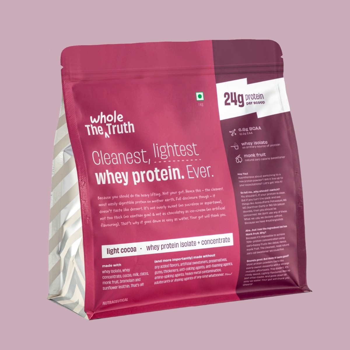 The Whole Truth 24g Protein/scoop | Light Cocoa 1kg | Isolate + Concentrate | Light & Easy to Digest