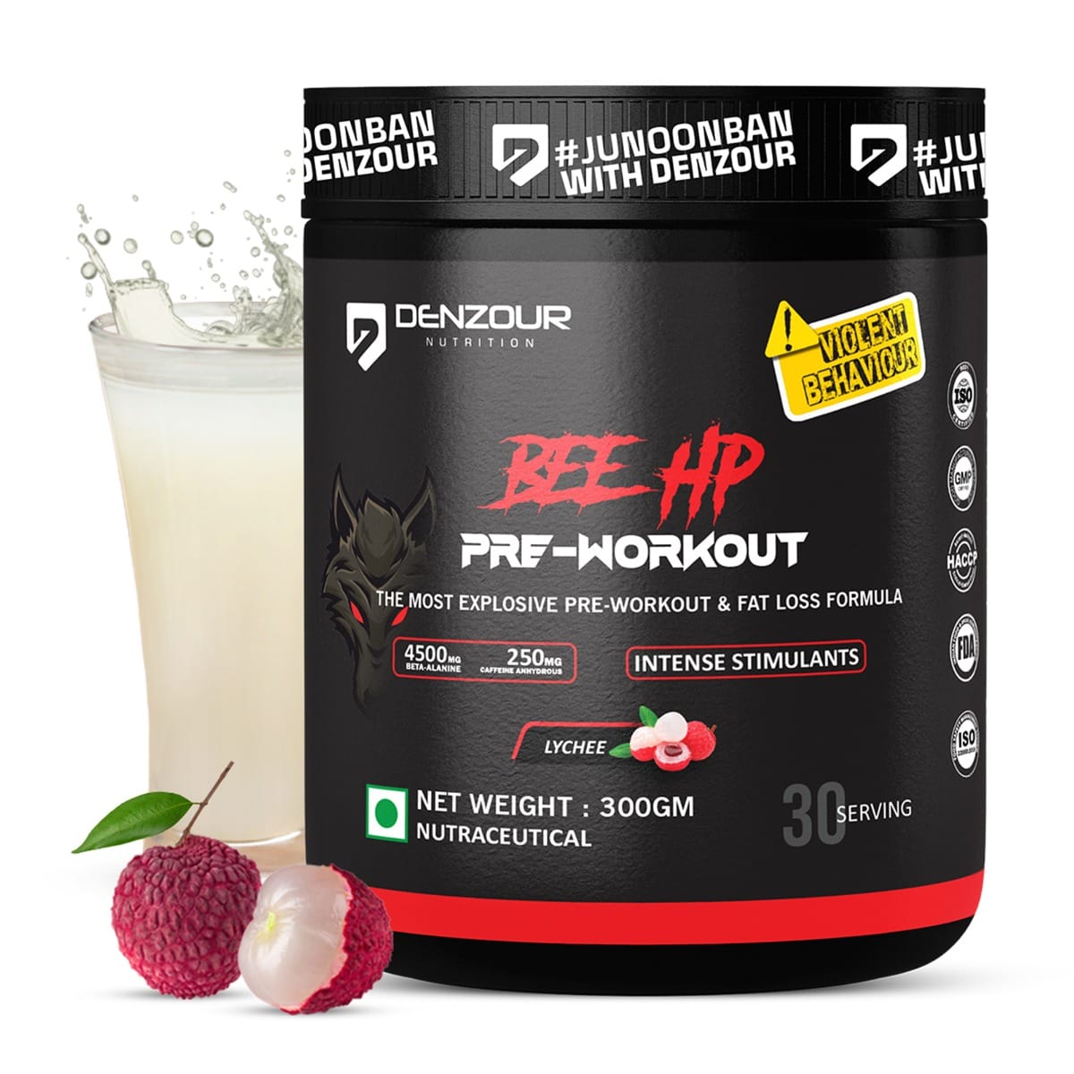 Denzour Nutrition BEE-HP Pre Workout with 750mg Creatine Monohydrate & 4500mg Beta-Alanine, Intense Energy with Fat Loss Formula, 300g Lychee
