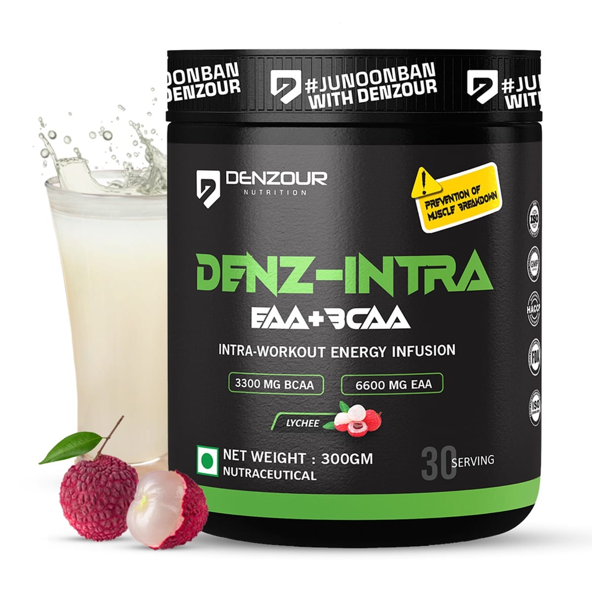 Denzour Nutrition Denz-Intra Workout with 3300mg BCAA & 6600mg EAA, Intense Energy & Improves Muscle Function, 300g Lychee