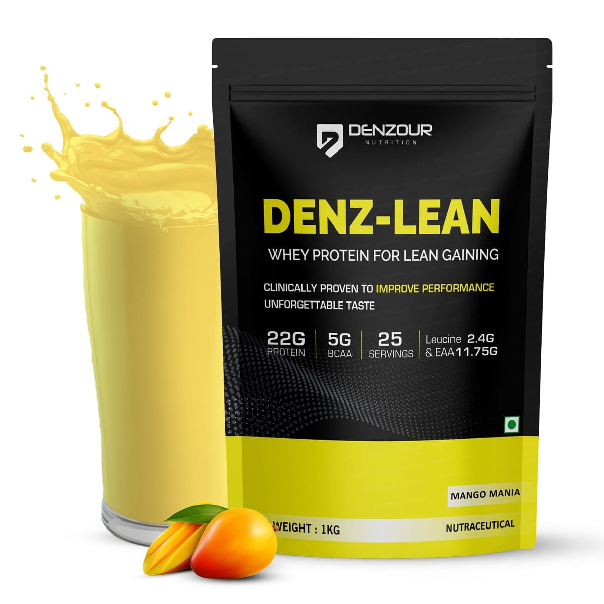 Denzour Nutrition Denz-Lean Whey Protein with 25g Protein with 5g BCAA to Lean Muscle Mass & Improves Performance, 1Kg, Mango Mania