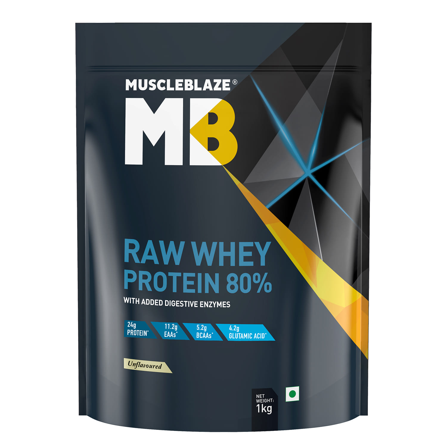MuscleBlaze MB Raw Whey Protein Concentrate 80% with Added Digestive Enzymes, Labdoor USA Certified MuscleBlaze Raw Whey Protein Concentrate 80% (Unflavoured, 1kg) | Light & Clean Protein | Easy to Digest