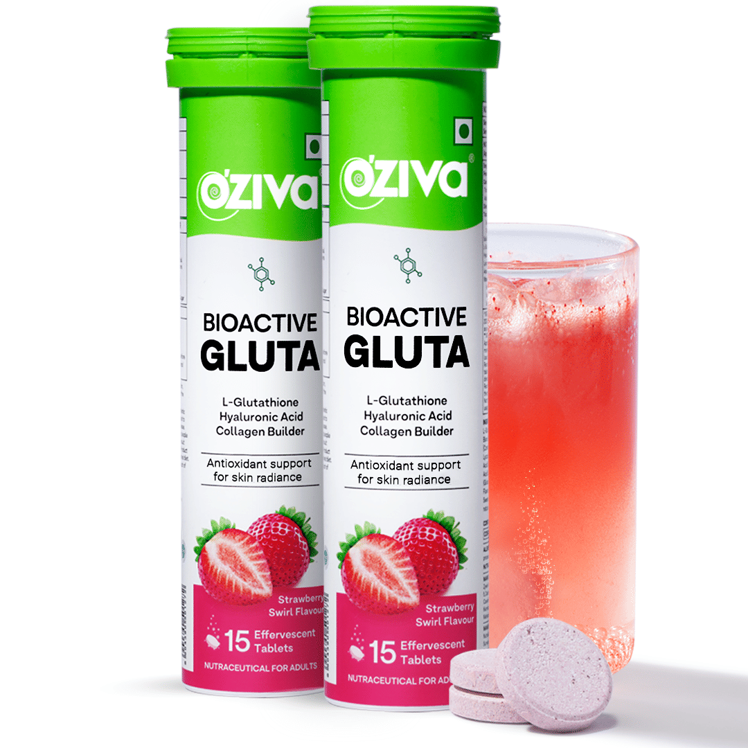 OZiva Bioactive Gluta with L-Glutathione to Reduce Pigmentation, Strawberry OZiva Bioactive Gluta Fizzy ( L-Glutathione, Hyaluronic Acid, Asthaxanthin, Lycopene & Collagen Builder) to Reduce Cellular Damage Strawberry swirl, Pack of 4 (60 Tablets)
