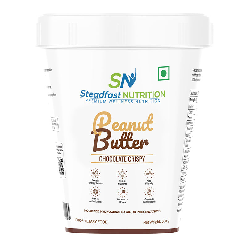 Steadfast Nutrition Peanut Butter Chocolate Crispy 500g | High Protein | Keto Friendly | Natural & Gluten Free | Boosts Energy Levels, free of hydrogenated oil, preservatives