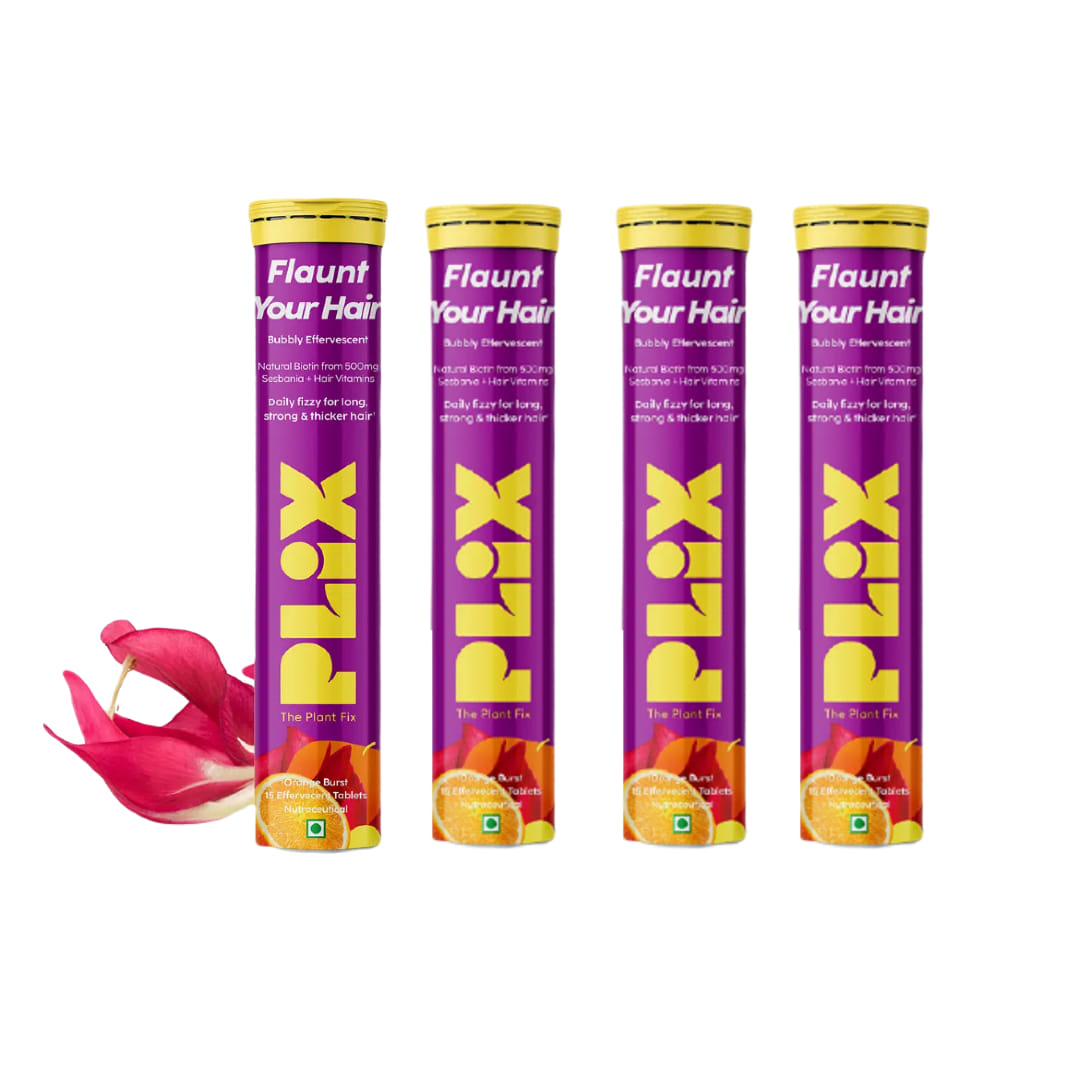 PLIX Heavenly Hair With Natural Biotin | 15 Effervescent Tablets, Orange Flavour, Pack of 4 | Supports Long, Lustrous, Strong Hair, | Vegan, Caffeine Free, Dairy Free, Sugar Free, Non GMO