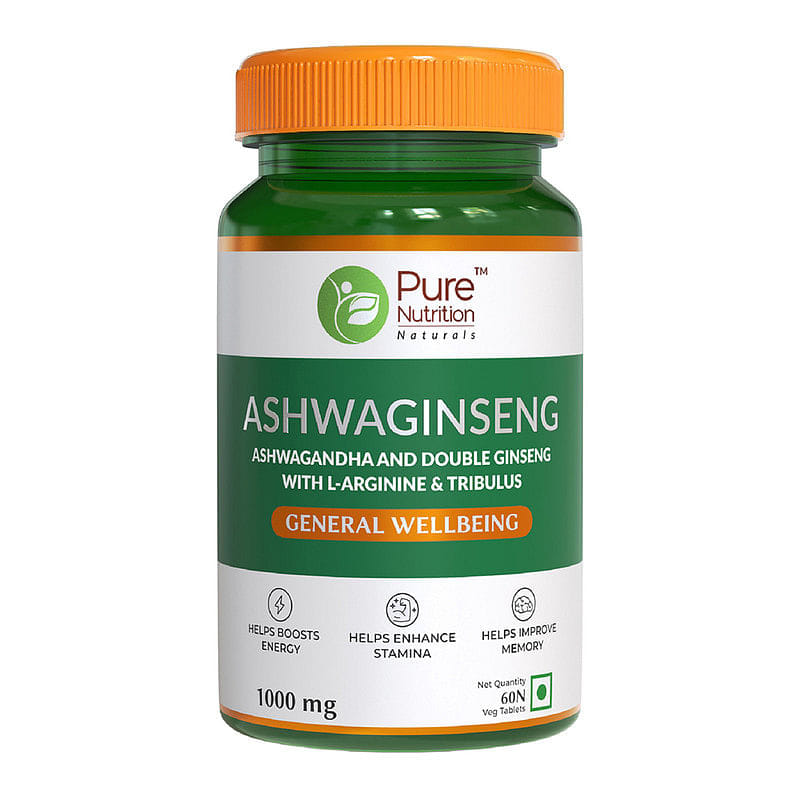 Pure Nutrition Ashwaginseng For Enhances Stamina & Boosts Energy, Ashwaginsenga & Duble Ginseng With L-Arginine & Tribuls Helps Boosts Energy 60 Veg Tablets