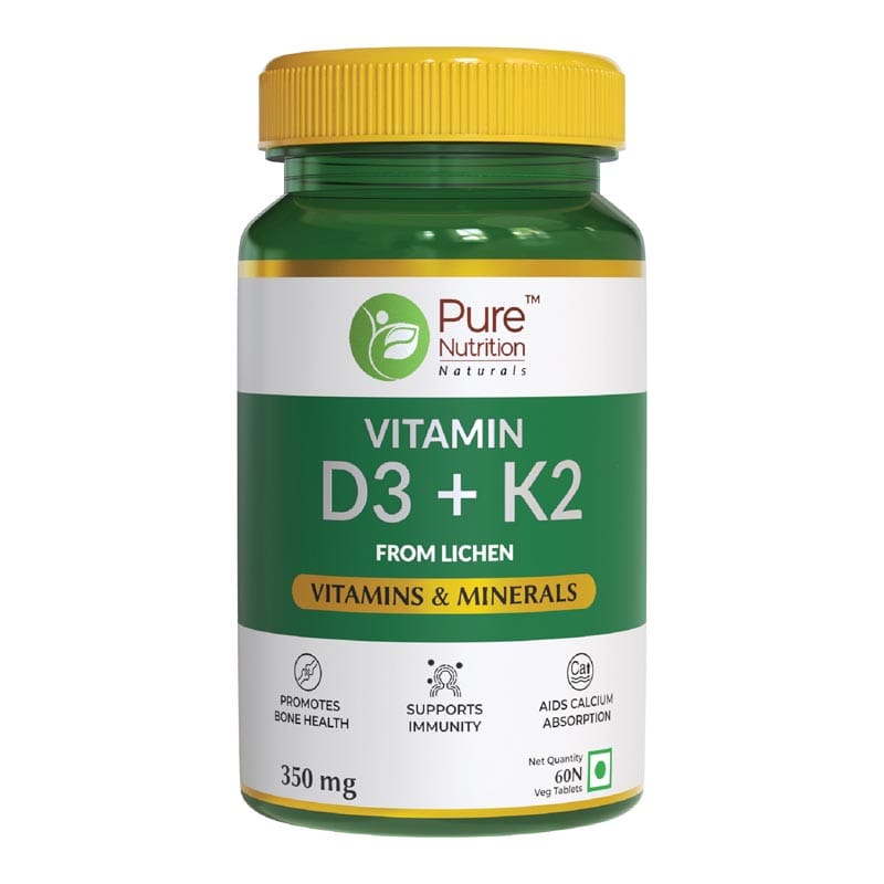 Pure Nutrition Vitamin D3 Plus K2, Vitamin D3 (600 Iu) Supplement For Strong Bones, Supports Immunity 60 Veg Tablets