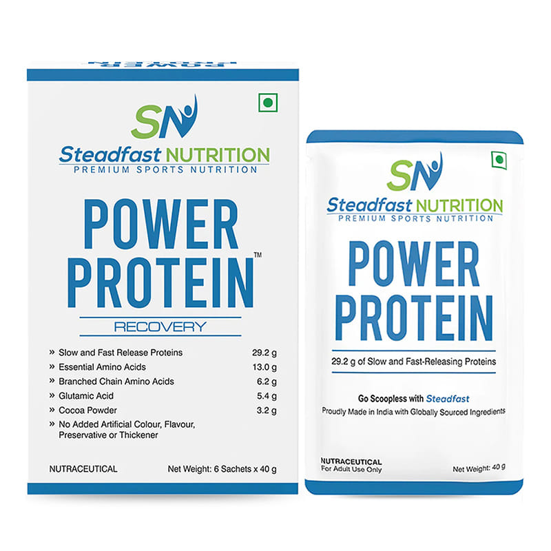 Steadfast Nutrition Power Protein | Natural Cocoa Powder | Provides 13 g of EAAs | 6.2 g of BCAA | 5.4 g of Glutamic acid | 4 g carbohydrates & 5 electrolytes per serving (6 Sachets)