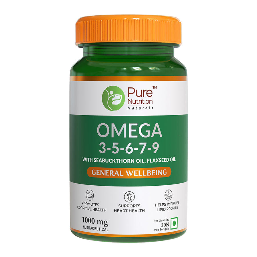 Pure Nutrition Omega 3 5 6 7 9 With Seabuckthorn Oil, Pomegranate Seed Oil, Olive Oil To Promote Cognitive Health, Improves Reduces The Cholesterol Level 30 Softgels