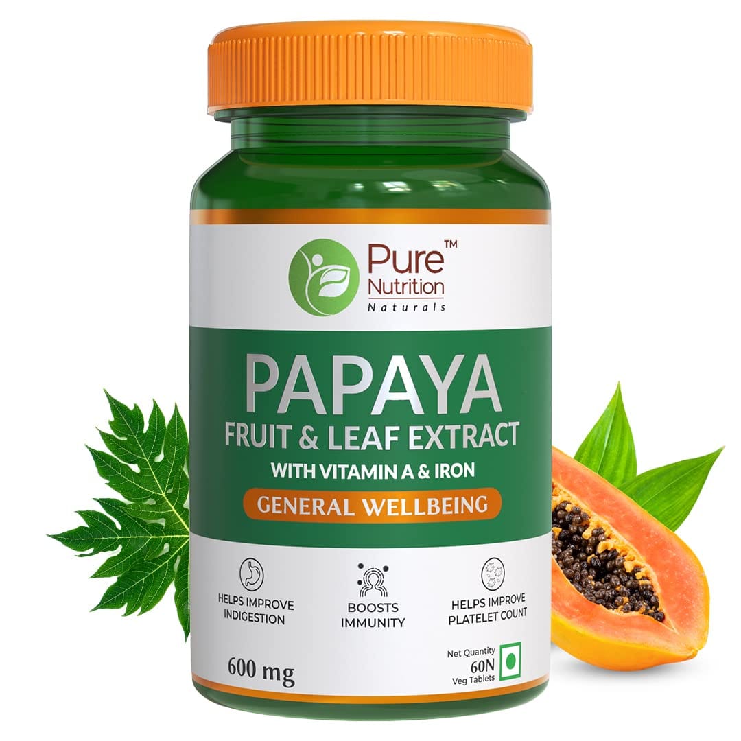 Pure Nutrition Papaya Leaf And Fruit Extract Supplement 600Mg (720 Iu) With Vitamin C & Iron Support Platelet, Immunity & Digestion 60 Veg Capsules