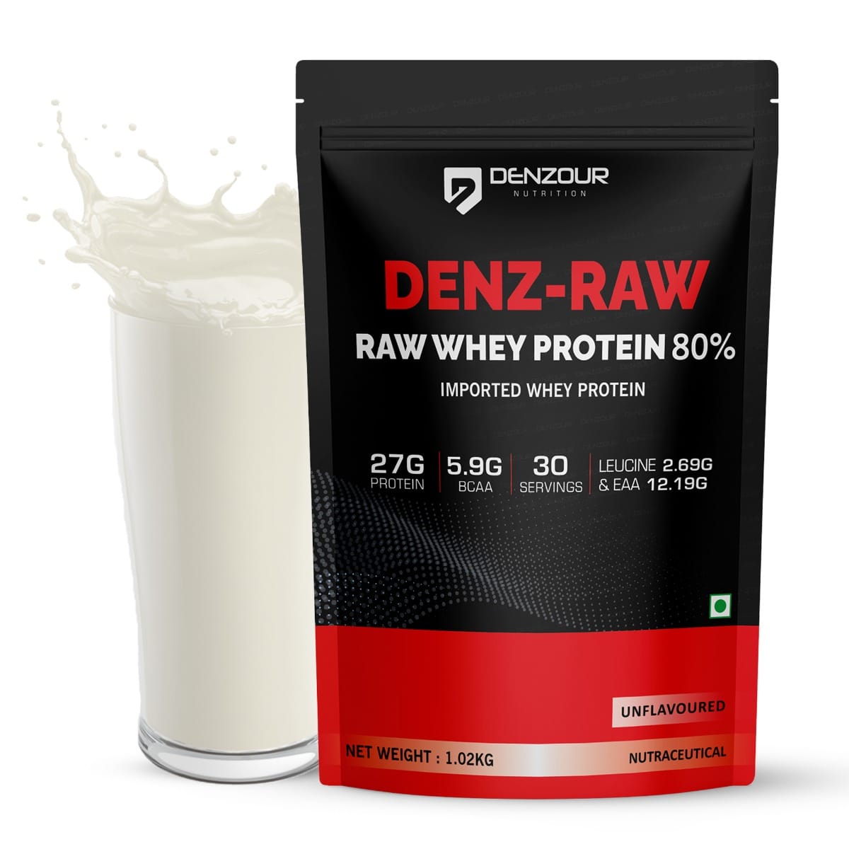 Denzour Nutrition Denz-Raw 80% Raw Whey Protein Concentrate with 27g Protein & 5.9g BCAA for Muscle Support & Recovery 1Kg, Unflavoured