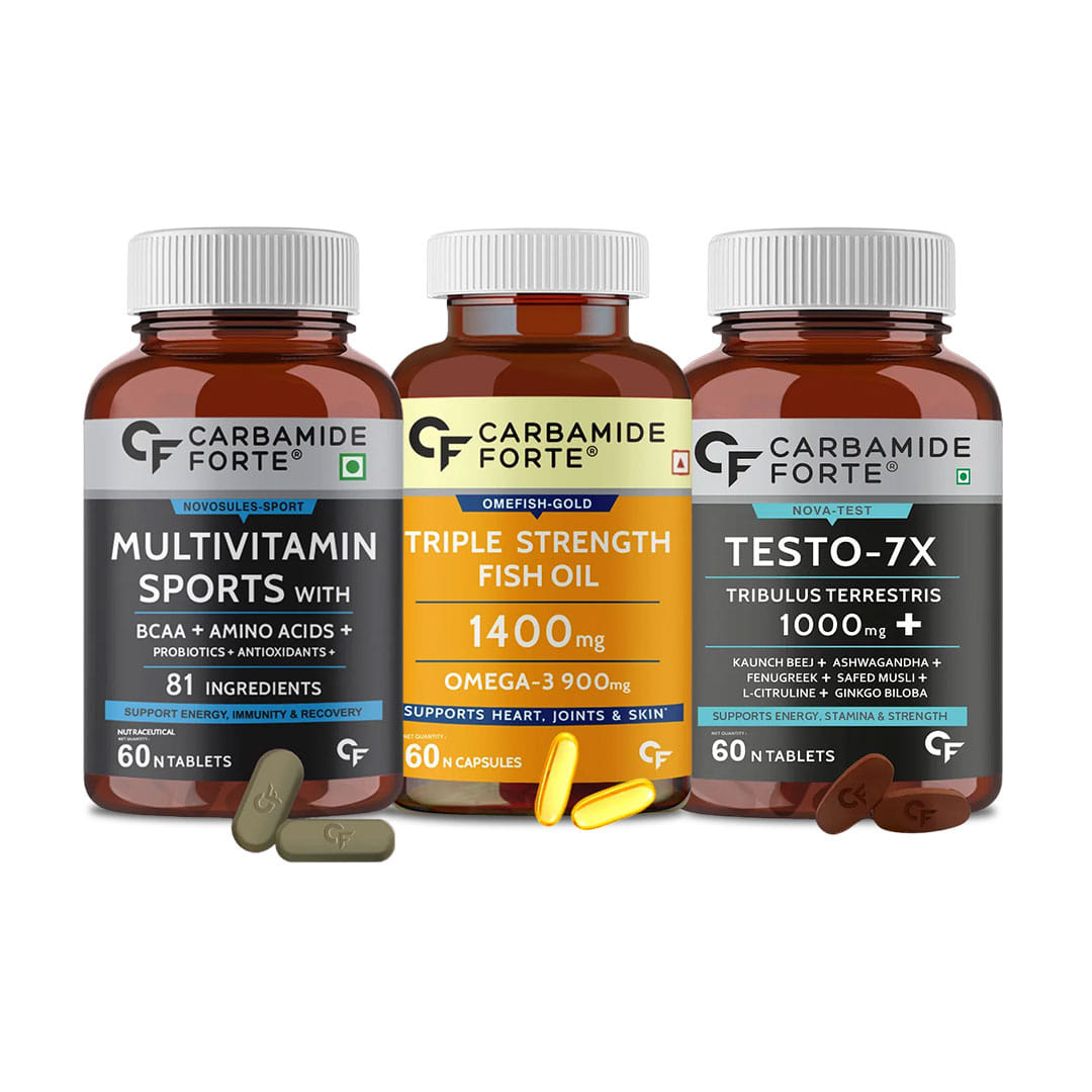 Ultimate Wellness and Performance Trio: Carbamide Forte Multivitamin for Sports + Testosterone Supplement + Triple Strength Fish Oil 60 Tablets, 60 Veg Tablets, and 60 Softgel Capsules