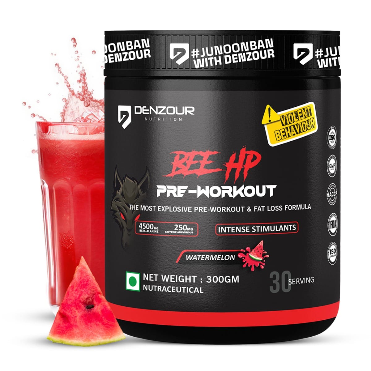 Denzour Nutrition BEE-HP Pre Workout with 750mg Creatine Monohydrate & 4500mg Beta-Alanine, Intense Energy with Fat Loss Formula, 300g Watermelon