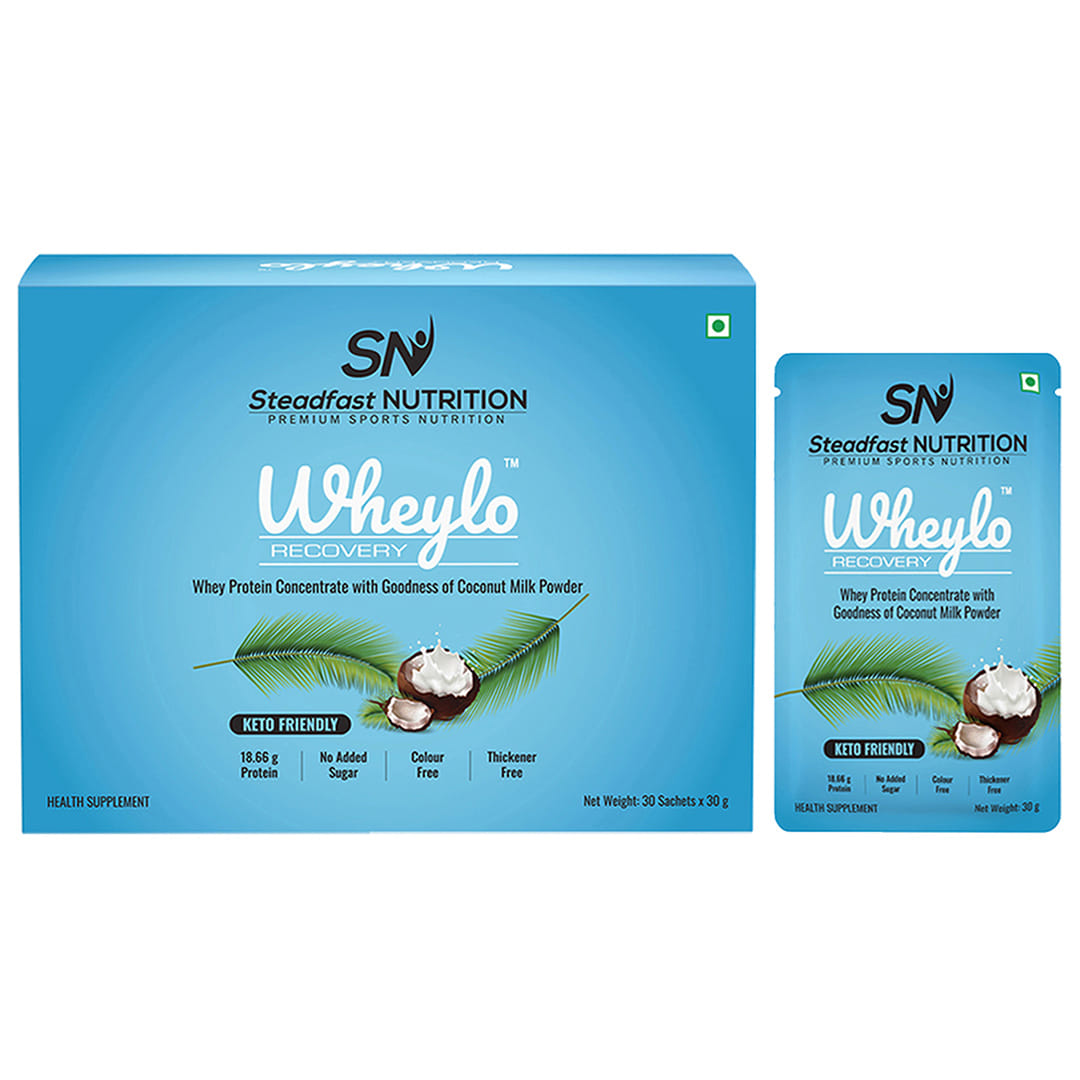 Steadfast Nutrition Wheylo Whey Protein Concentrate 80% | Keto Friendly | Contains 18.66g multifunctional Whey protein for muscle recovery and growth | Goodness of Coconut milk powder (30 sachets)