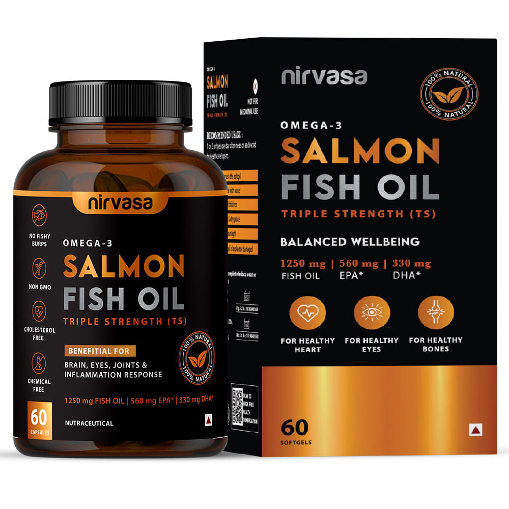 

Nirvasa Omega 3 Salmon Fish Oil Softgels (Triple Strength, 60 Capsules) 1250mg | 560mg EPA & 400mg DHA | Supports Heart, Brain, Eye & Bone Health |...