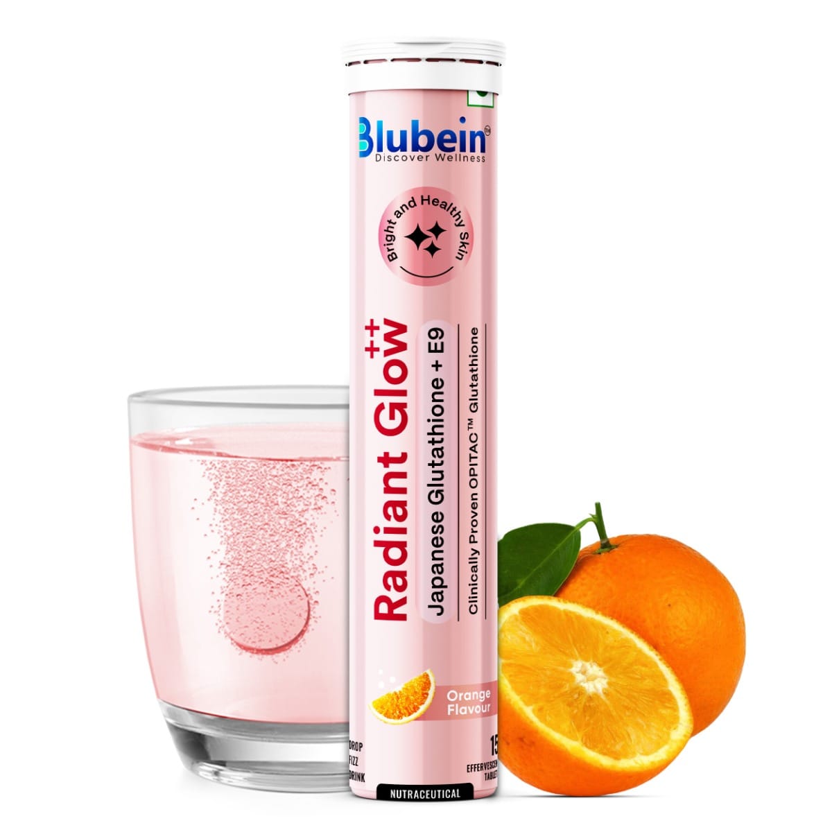 Blubein Skin Radiant Glow Drink| Japanese OPITAC GLUTATHIONE with Antioxidants for Healthy & Glowing Skin | 600mg L-Glutathione & Vitamin C for Clear Skin | Orange Flavor | 15 Effervescent Tablets